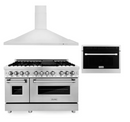 ZLINE 48" Kitchen Package with Stainless Steel Dual Fuel Range, Convertible Vent Range Hood and 24" Microwave Oven