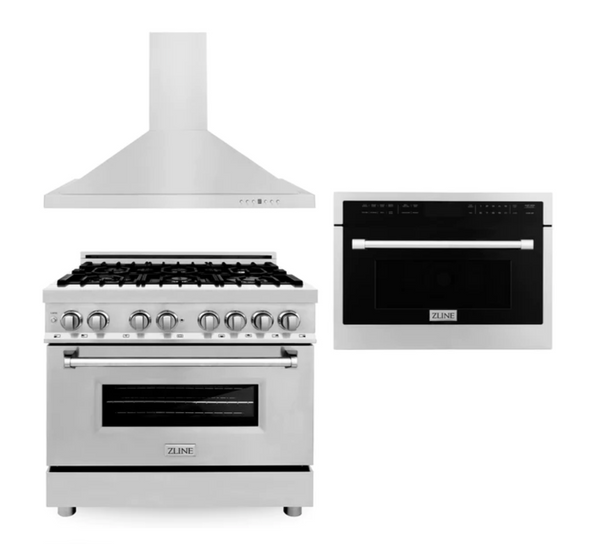 ZLINE 36" Kitchen Package with Stainless Steel Dual Fuel Range, Convertible Vent Range Hood and 24" Microwave Oven (3KP-RARHMWO-36)