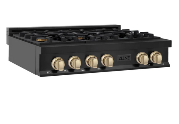 ZLINE Autograph Edition 36 in. Porcelain Rangetop with 6 Gas Burners in Black Stainless Steel and Accent Options (RTBZ-36)