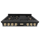 ZLINE Autograph Edition 48 Inch Porcelain Rangetop with 7 Gas Burners in Black Stainless Steel and Gold Accents, RTBZ-48-G