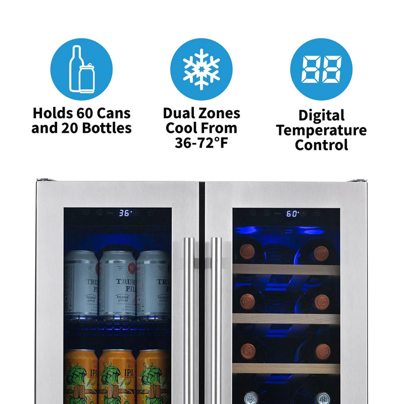 NewAir 24 In. 20 Bottle and 60 Can Dual Zone Wine and Beverage Cooler, NWB080SS00