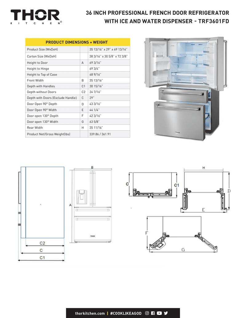 THOR Kitchen 36 In. Counter Depth Refrigerator in Stainless Steel with Water Dispenser, Ice Maker, TRF3601FD