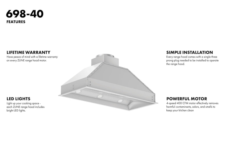 ZLINE 40 in. Width Wall Mount Range Hood Insert (18 in. Depth), 698-40