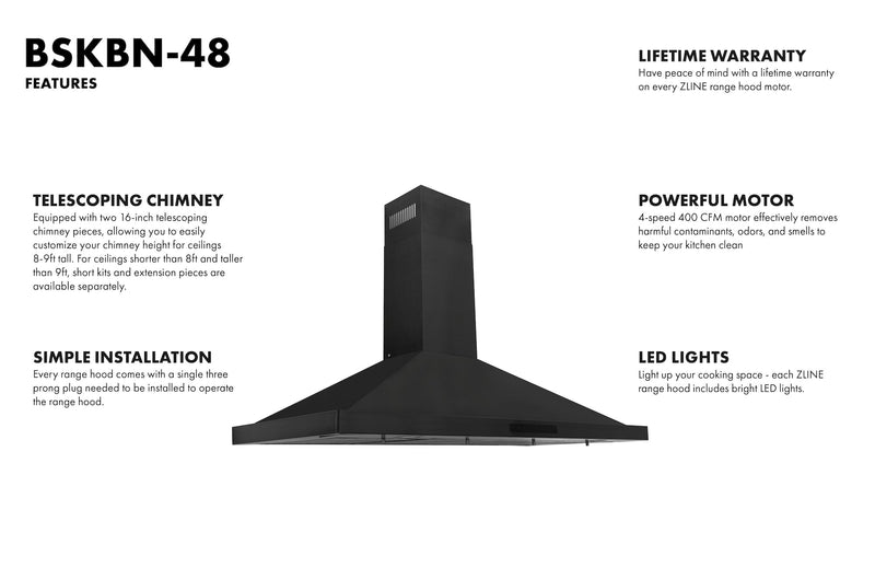 ZLINE 48 in. Convertible Vent Wall Mount Range Hood in Black Stainless Steel, BSKBN-48