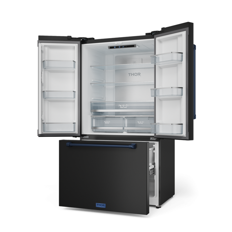 Gordon Ramsay by THOR Kitchen 36" 20.3 cu. ft. French Door Counter Depth Refrigerator with Ice Maker in Matte Black with Navy Blue Accents, RF3621CTD00-BLU