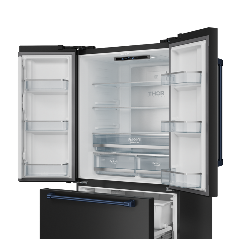 Gordon Ramsay by THOR Kitchen 36" 20.3 cu. ft. French Door Counter Depth Refrigerator with Ice Maker in Matte Black with Navy Blue Accents, RF3621CTD00-BLU