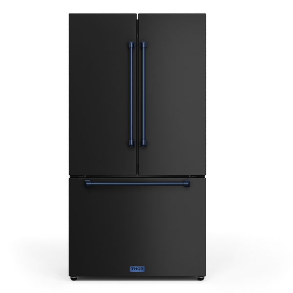 Gordon Ramsay by THOR Kitchen 36" 20.3 cu. ft. French Door Counter Depth Refrigerator with Ice Maker in Matte Black with Navy Blue Accents, RF3621CTD00-BLU