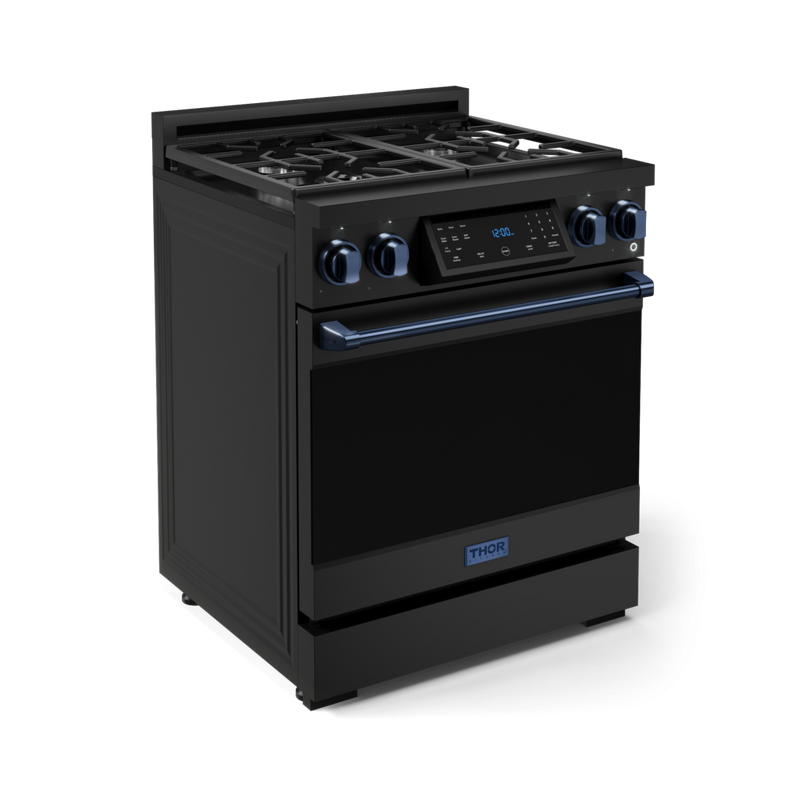 Gordon Ramsay by THOR Kitchen 30" 4.55 cu. ft. Professional Natural Gas Range with Tilt Panel Touch Control and Self-Clean in Matte Black with Navy Blue Accents, RSG30B-BLU