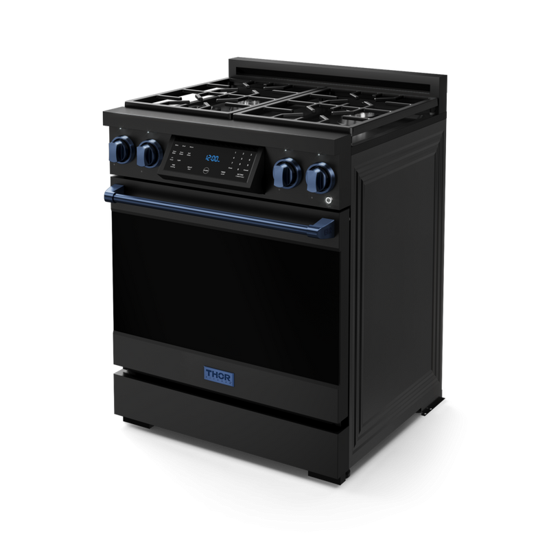 Gordon Ramsay by THOR Kitchen 30" 4.55 cu. ft. Professional Natural Gas Range with Tilt Panel Touch Control and Self-Clean in Matte Black with Navy Blue Accents, RSG30B-BLU