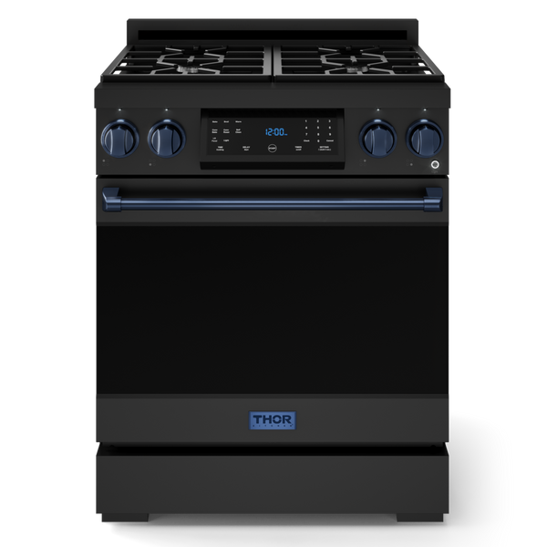 Gordon Ramsay by THOR Kitchen 30" 4.55 cu. ft. Professional Natural Gas Range with Tilt Panel Touch Control and Self-Clean in Matte Black with Navy Blue Accents, RSG30B-BLU