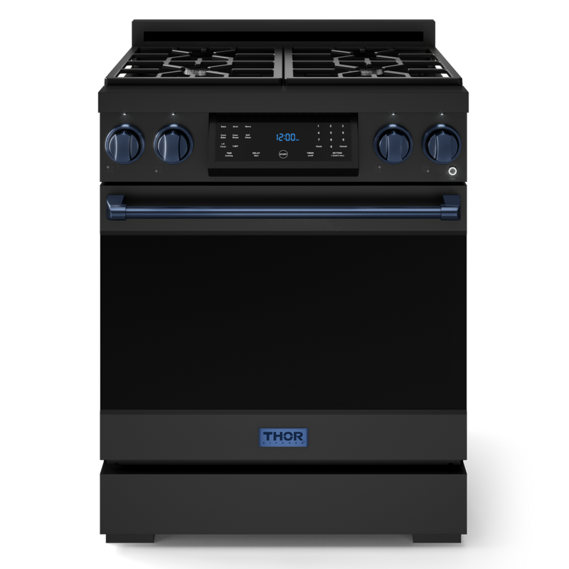 Gordon Ramsay by THOR Kitchen 30" 4.55 cu. ft. Professional Natural Gas Range with Tilt Panel Touch Control and Self-Clean in Matte Black with Navy Blue Accents, RSG30B-BLU