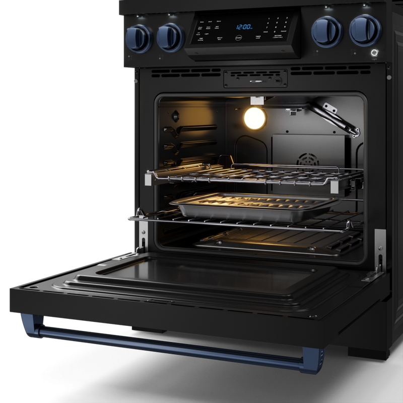 Gordon Ramsay by THOR Kitchen 30" 4.55 cu. ft. Professional Natural Gas Range with Tilt Panel Touch Control and Self-Clean in Matte Black with Navy Blue Accents, RSG30B-BLU