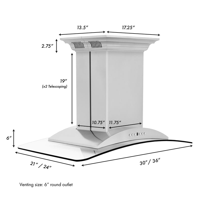 ZLINE 36" CrownSound Island Mount Range Hood in Stainless Steel with Built-in Speakers, GL9iCRN-BT-36