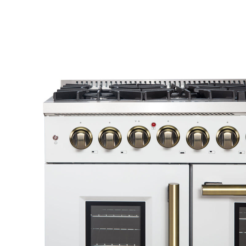 FORNO Galiano 48" 6.58 cu. ft. French Door Dual Fuel Range with 8 Sealed Burners and Griddle in White with Antique Brass Accents, FFSGS6356-48WHT