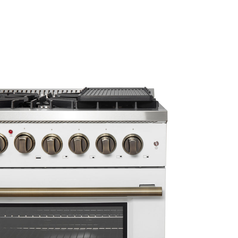 FORNO Galiano 48" 6.58 cu. ft. French Door Dual Fuel Range with 8 Sealed Burners and Griddle in White with Antique Brass Accents, FFSGS6356-48WHT