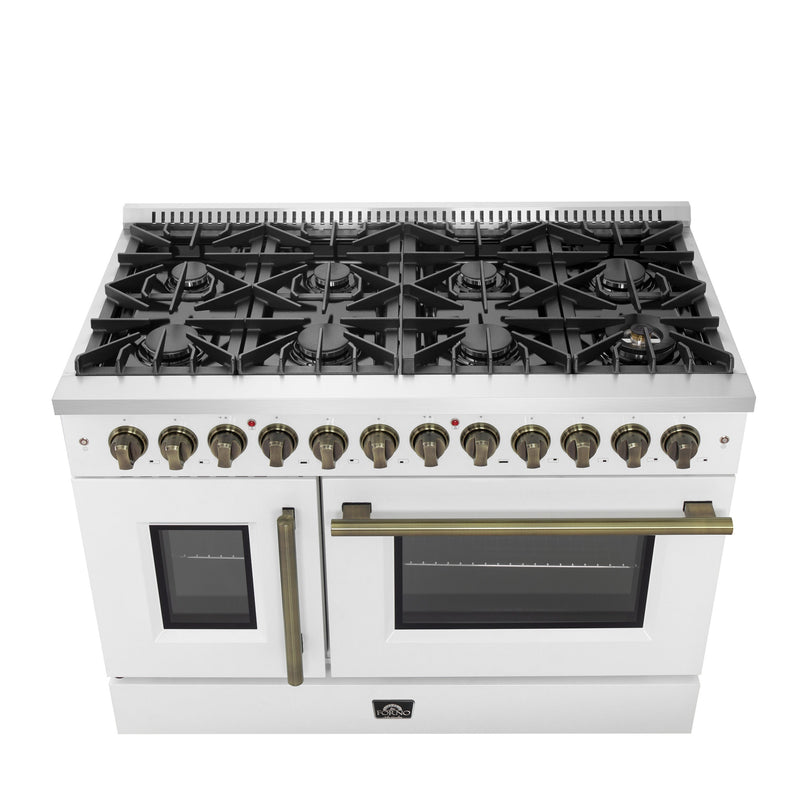 FORNO Galiano 48" 6.58 cu. ft. French Door Dual Fuel Range with 8 Sealed Burners and Griddle in White with Antique Brass Accents, FFSGS6356-48WHT
