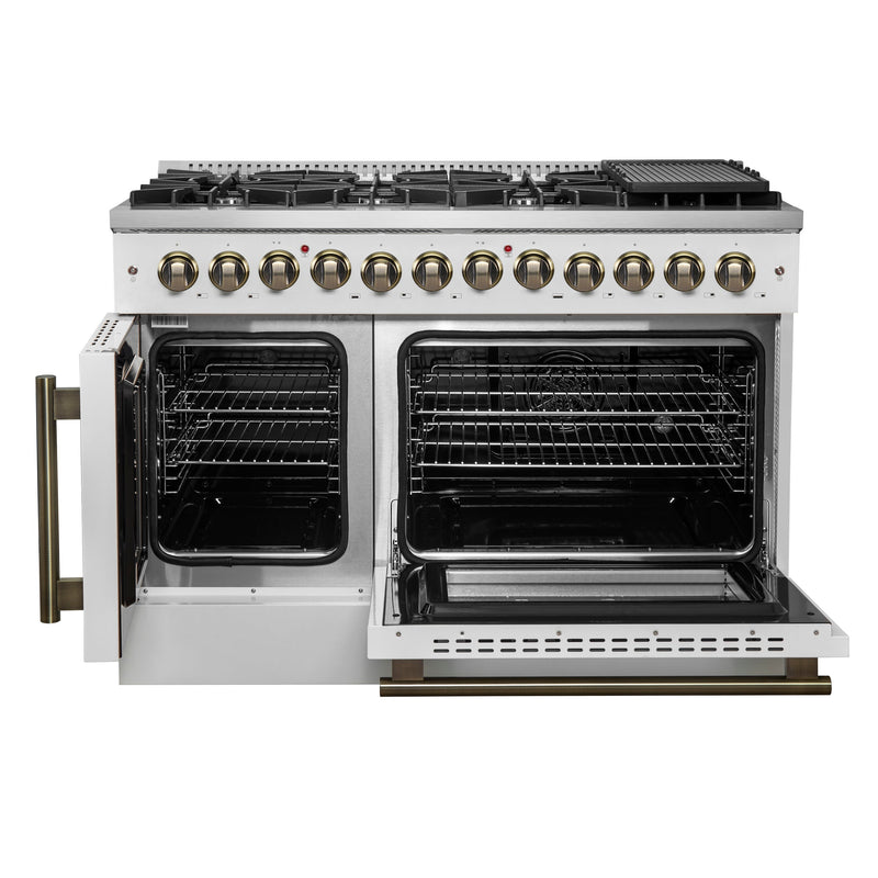 FORNO Galiano 48" 6.58 cu. ft. French Door Dual Fuel Range with 8 Sealed Burners and Griddle in White with Antique Brass Accents, FFSGS6356-48WHT