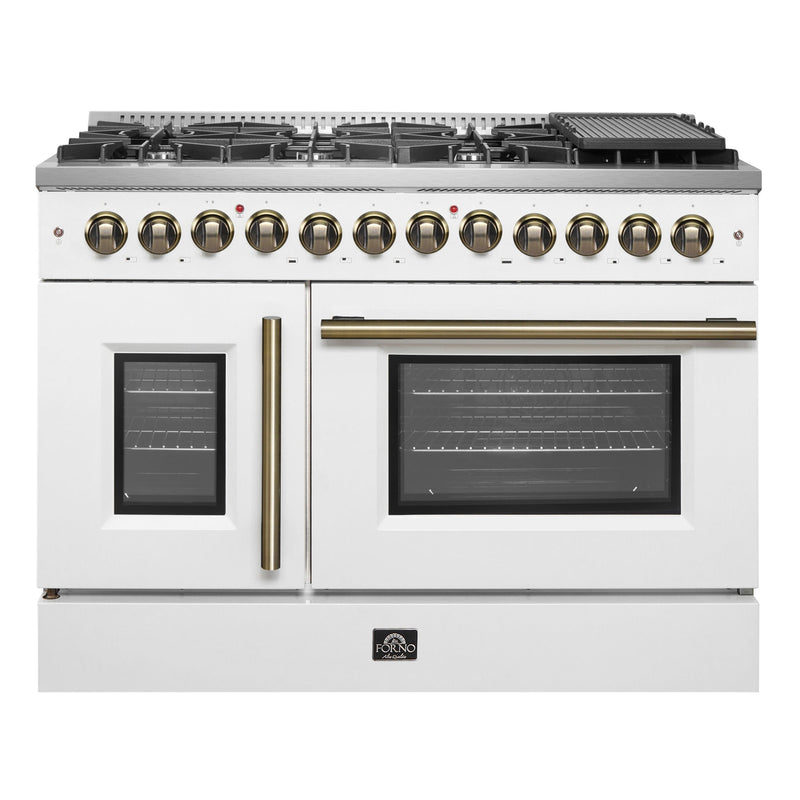 FORNO Galiano 48" 6.58 cu. ft. French Door Dual Fuel Range with 8 Sealed Burners and Griddle in White with Antique Brass Accents, FFSGS6356-48WHT