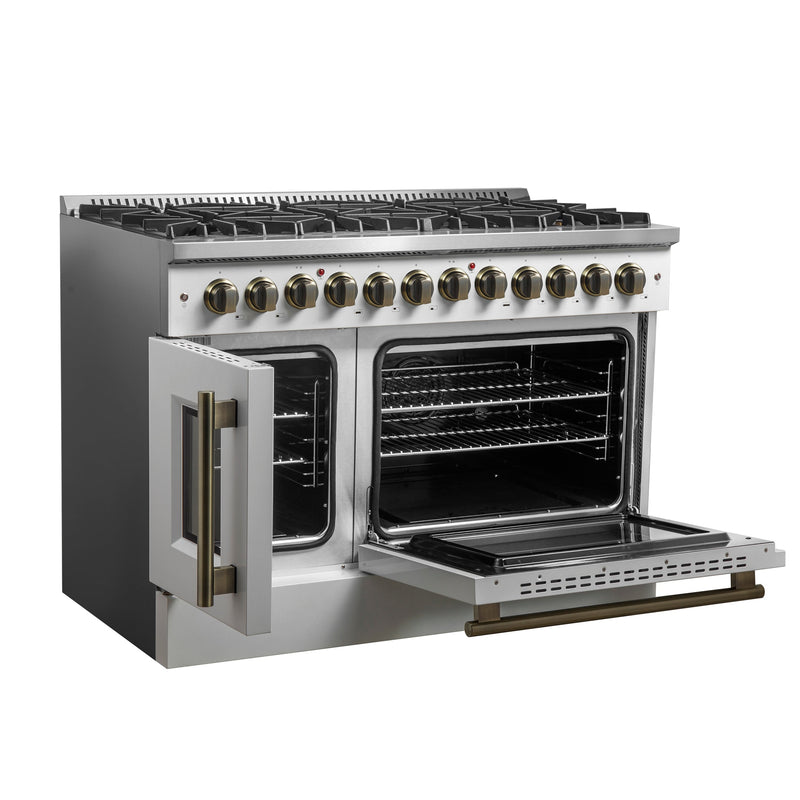 FORNO Galiano 48" 6.58 cu. ft. French Door Dual Fuel Range with 8 Sealed Burners and Griddle in White with Antique Brass Accents, FFSGS6356-48WHT