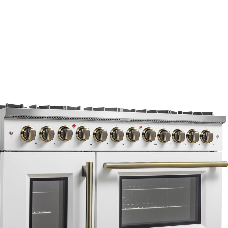 FORNO Galiano 48" 6.58 cu. ft. French Door Dual Fuel Range with 8 Sealed Burners and Griddle in White with Antique Brass Accents, FFSGS6356-48WHT