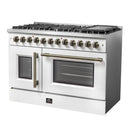 FORNO Galiano 48" 6.58 cu. ft. French Door Dual Fuel Range with 8 Sealed Burners and Griddle in White with Antique Brass Accents, FFSGS6356-48WHT