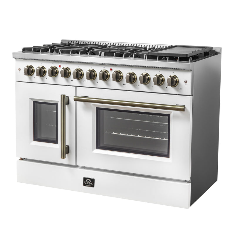 FORNO Galiano 48" 6.58 cu. ft. French Door Dual Fuel Range with 8 Sealed Burners and Griddle in White with Antique Brass Accents, FFSGS6356-48WHT