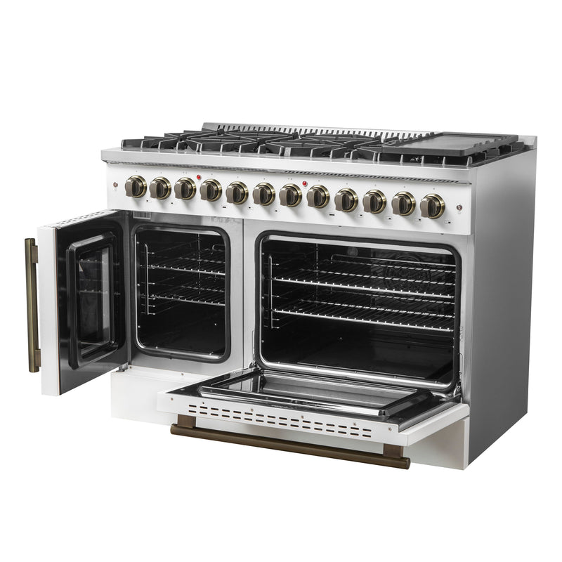 FORNO Galiano 48" 6.58 cu. ft. French Door Dual Fuel Range with 8 Sealed Burners and Griddle in White with Antique Brass Accents, FFSGS6356-48WHT