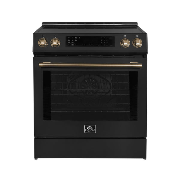 FORNO Espresso Donatello 30" 5 cu. ft. Induction Range with Air Fry and Self-Clean in Black and Antique Brass Handles, FFSIN0905-30BLK