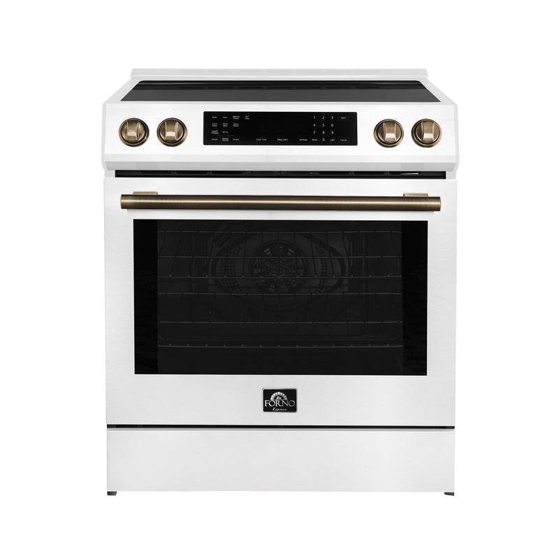 FORNO Espresso Donatello 30" 5 cu. ft. Induction Range with Air Fry and Self-Clean in White and Antique Brass Handles, FFSIN0905-30WHT