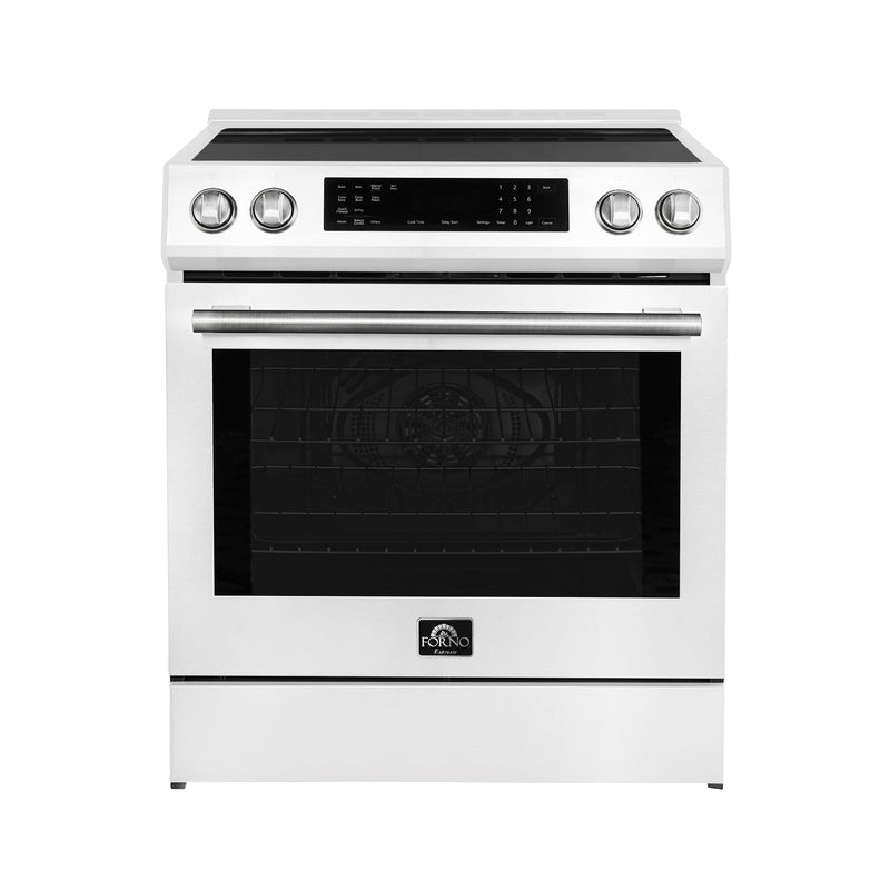 FORNO Espresso Donatello 30" 5 cu. ft. Induction Range with Air Fry and Self-Clean in White and Antique Brass Handles, FFSIN0905-30WHT