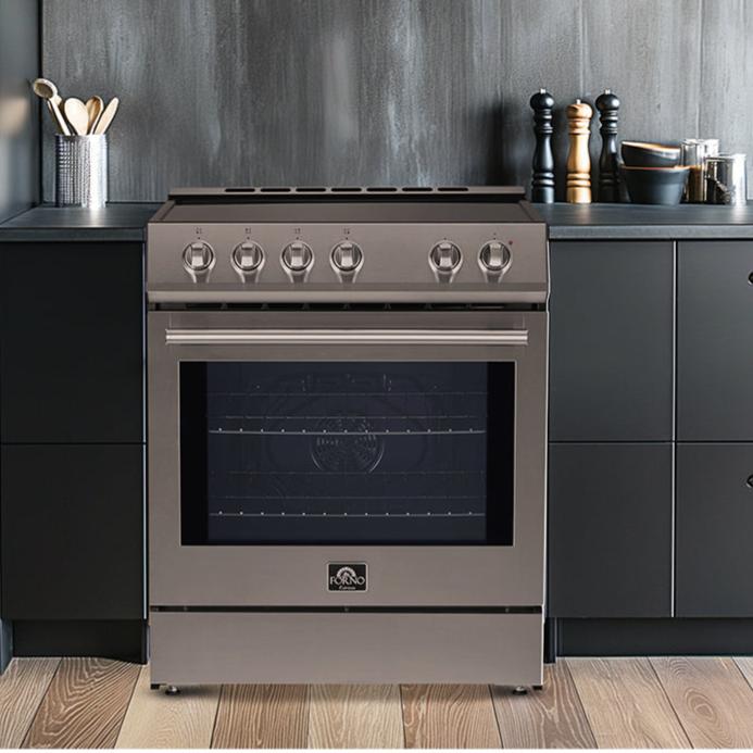 FORNO Espresso Leonardo 30" 5 cu. ft. Induction Range with Knob Control in Stainless Steel and Silver Accents, FFSIN0982-30