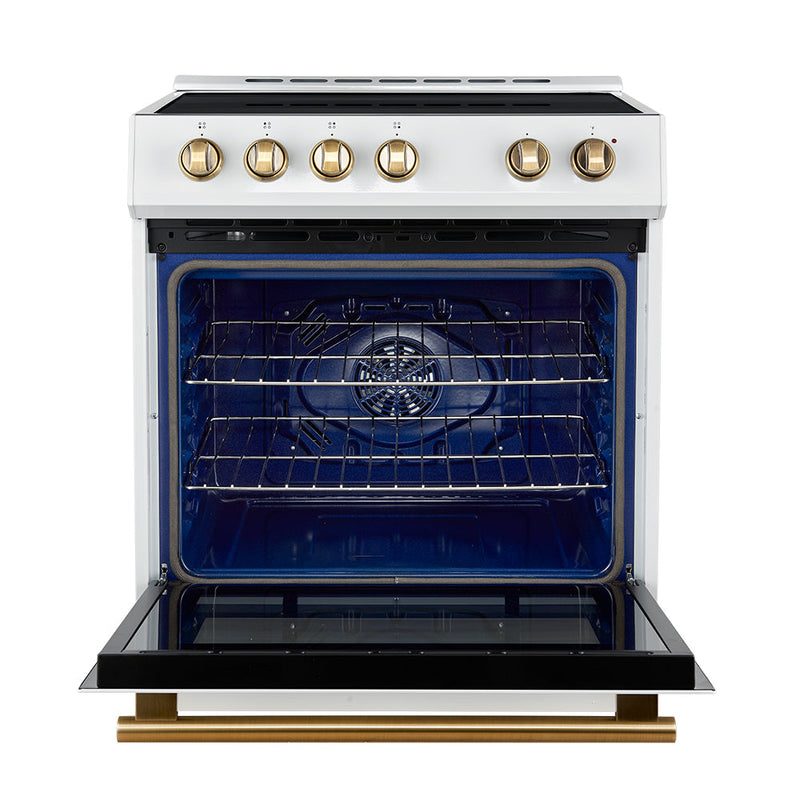 FORNO Espresso Leonardo 30" 5 cu. ft. Induction Range with Knob Control in White and Antique Brass Accents, FFSIN0982-30WHT