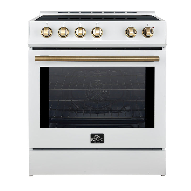 FORNO Espresso Leonardo 30" 5 cu. ft. Induction Range with Knob Control in White and Antique Brass Accents, FFSIN0982-30WHT