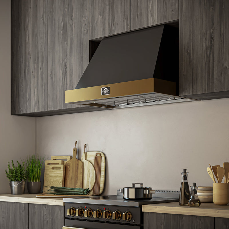 FORNO Espresso Vittorio 36" 600 CFM Wall Mount Range Hood in Black and Antique Brass Trim with Remote Control, FRHWM5078-36BLK