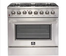 Forno  FFSGS615636
Galiano Professional Dual Fuel Range with 240 Volt Electric Oven, 6 Sealed Burners, 4.3 Cu. Ft. Convection Oven, Cast Iron Continuous Grate, Italian Defendi Burners, Black Enamel Interior, and Triple Layered Glass Door: 36" Stainless St