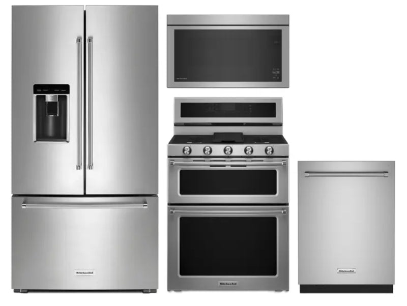 KitchenAidKARERADWMW106
4 Piece Kitchen Appliances Package with French Door Refrigerator, Gas Range, Dishwasher and Over the Range Microwave in Stainless Steel