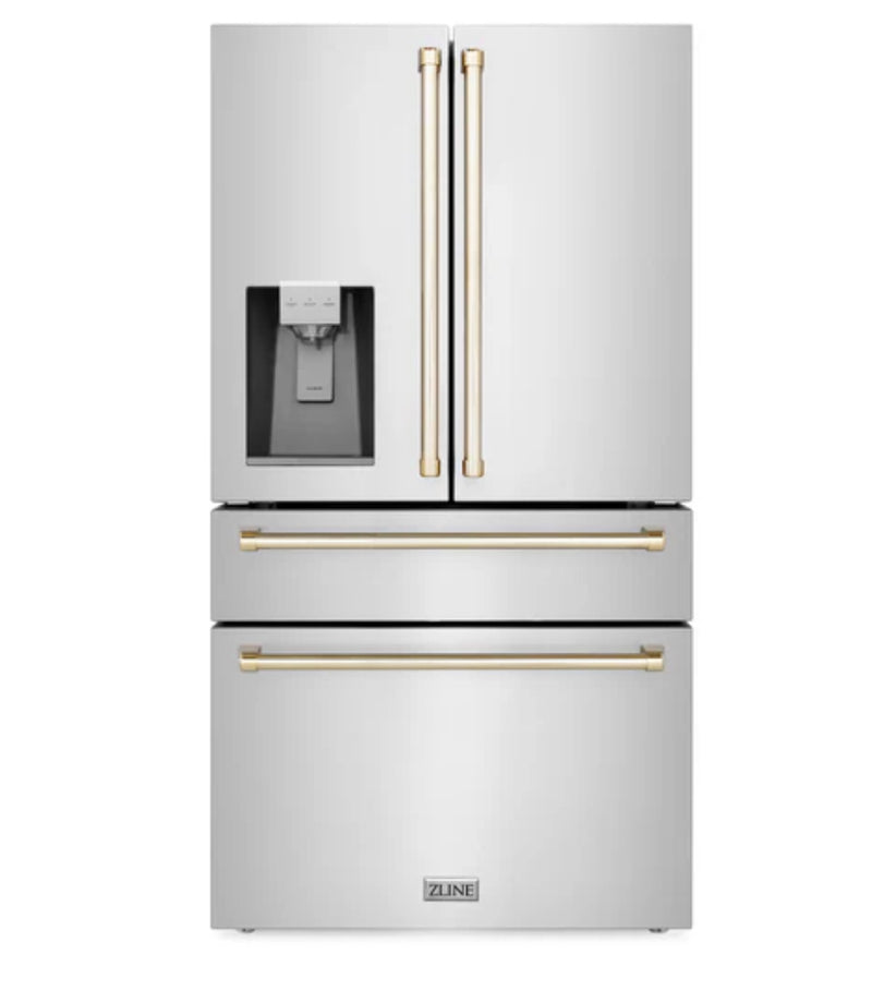 ZLINE 36" Autograph Edition 21.6 cu. ft Freestanding French Door Refrigerator with Water and Ice Dispenser in Fingerprint Resistant Stainless Steel with Accents (RFMZ-W-36)