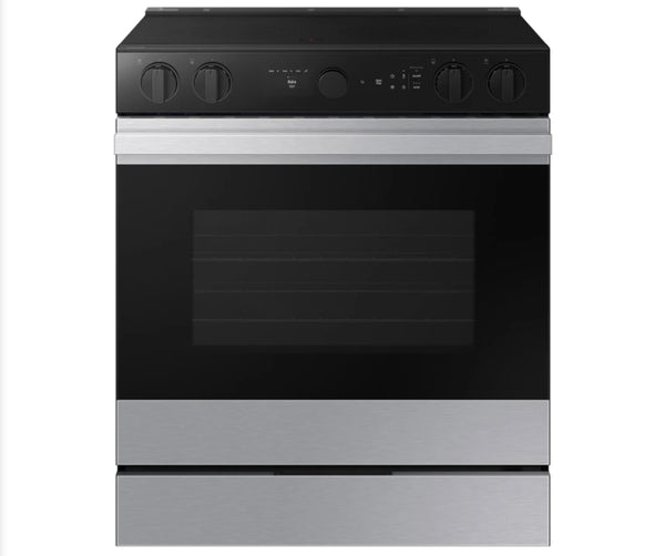 Samsung BESPOKE  NSE6DG8700SR
30 Inch Slide-In Electric Smart Range with 5 Elements, 6.3 cu. ft. Convection+ Oven, Express Boil™, Warming Zone, Storage Drawer, Air Fry, Self & Steam Clean, and ADA Compliant: Stainless Steel