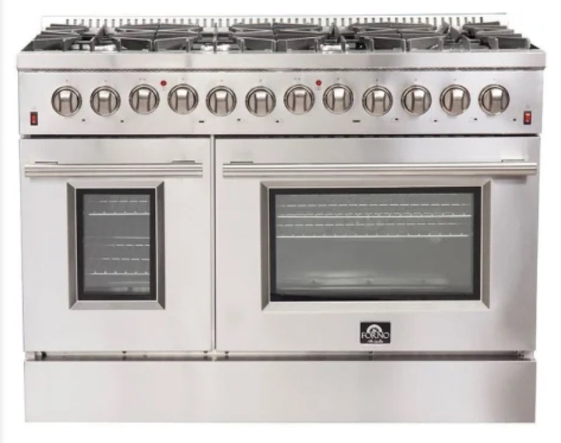 Forno  FFSGS615648
Galiano Professional Dual Fuel Range with 240 Volt Electric Oven, 6 Sealed Burners, 4.3 Cu. Ft. Convection Oven, Cast Iron Continuous Grate, Italian Defendi Burners, Black Enamel Interior, and Triple Layered Glass Door: 48" Stainless