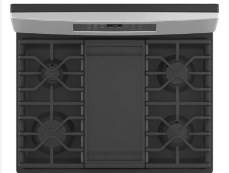 GE  JGB735SPSS
30 Inch Freestanding Gas Convection Range with 5 Sealed Burners, 5 Cu. Ft. Oven Capacity, Storage Drawer, Edge-to-Edge Cooktop, Enhanced Shabbos Mode Capable, Self-Clean+Steam Clean, No Preheat Air Fry, Integrated Griddle, and Center Oval B