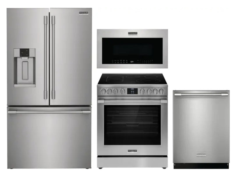 Frigidaire professional 4 Piece Kitchen Appliances Package with French Door Refrigerator, Electric Range, Over the Range Microwave and Dishwasher in Stainless Steel