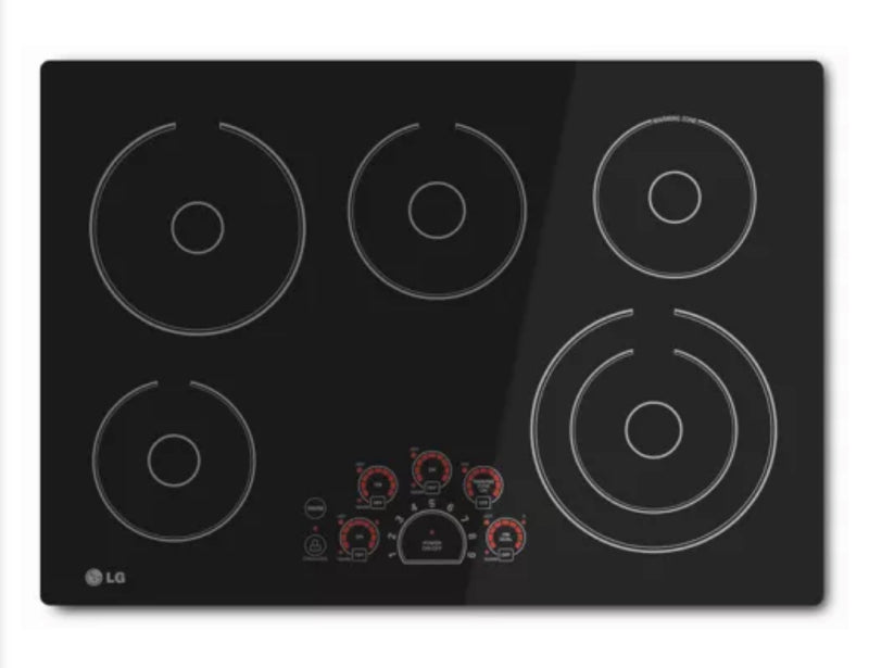 LG  LCE3010SB
30 Inch Smoothtop Electric Cooktop with Triple Elements, Warming Zone, SmoothTouch Controls, 5 Heating Elements, Hot Surface Indicator, Auto Shut-Off, Child Lock and ADA Compliant