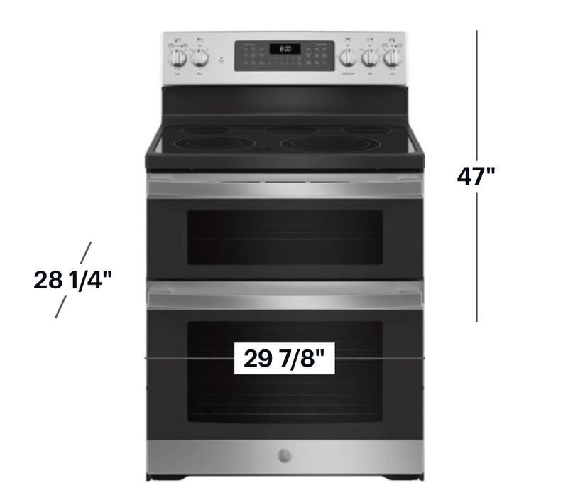 GE - 6.6 Cu. Ft. Freestanding Double Oven Electric Convection Range with Self-Steam Cleaning and No-Preheat Air Fry - Stainless Steel
Model:JBS86SPSS