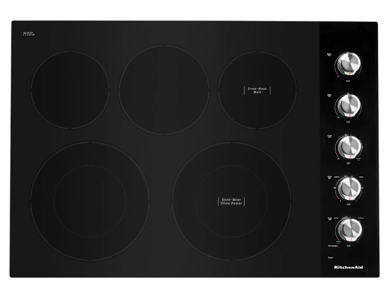 KitchenAid  KCES550HBL
30 Inch Electric Cooktop with 5 Elements, Glass Surface, Even-Heat™ Elements, Ultra Power™ Double-Ring Element, Hot Surface Indicator, Control Lock, Metal Control Knobs, and ADA Compliant: Black