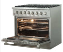 Forno  FFSGS615636
Galiano Professional Dual Fuel Range with 240 Volt Electric Oven, 6 Sealed Burners, 4.3 Cu. Ft. Convection Oven, Cast Iron Continuous Grate, Italian Defendi Burners, Black Enamel Interior, and Triple Layered Glass Door: 36" Stainless St