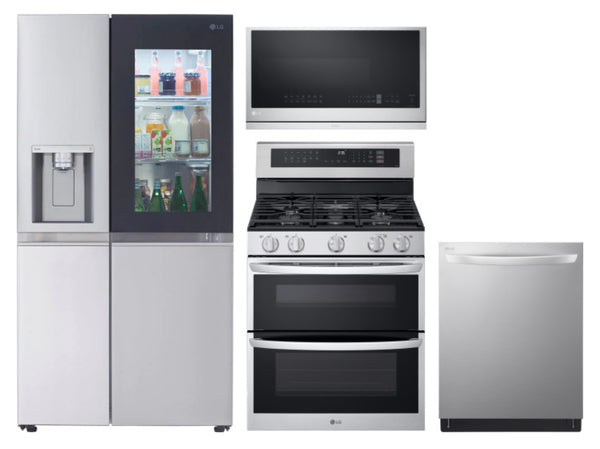 LG 4 Piece Kitchen Appliances Package with Side-by-Side Refrigerator, Gas Range, Dishwasher and Over the Range Microwave in Stainless Steel