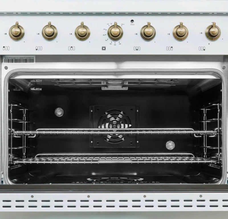 FORNO Espresso Antico 36" 4.5 cu. ft. Gas Range with 6 Sealed Burners in White with Antique Brass Accents, FFSGS6219-36