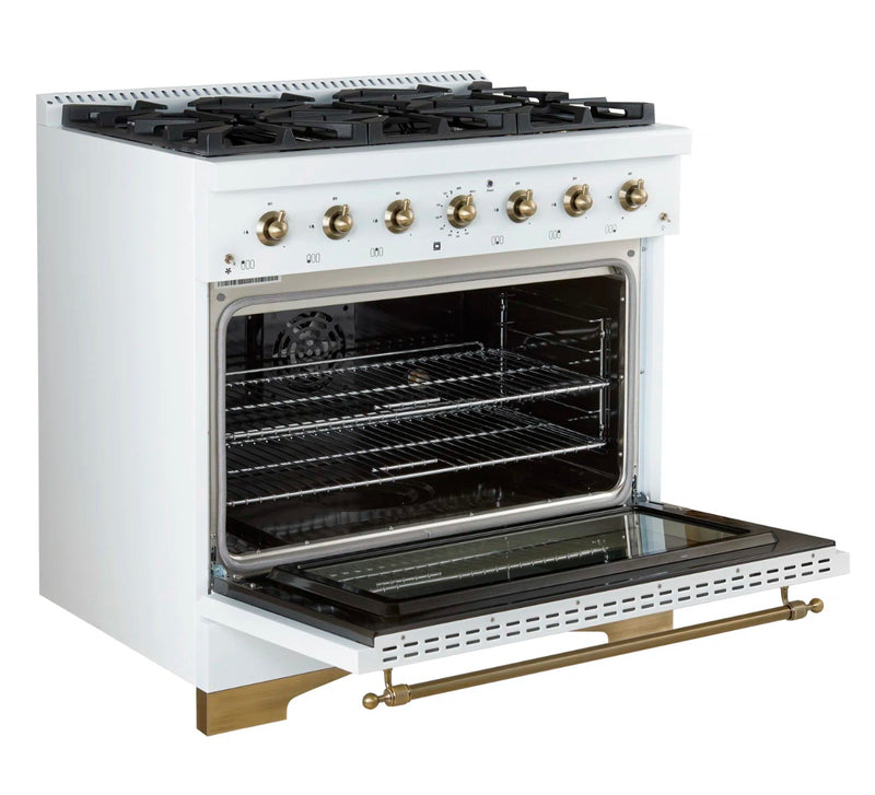 FORNO Espresso Antico 36" 4.5 cu. ft. Gas Range with 6 Sealed Burners in White with Antique Brass Accents, FFSGS6219-36