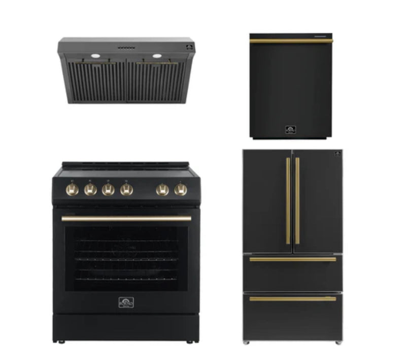 Forno Espresso Package - 30" Electric Range, Range Hood, Refrigerator and Dishwasher in White with Antique Brass Handles, AP-FFSEL6012-30WHT-A-4P-36R