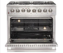 Forno  FFSGS615636
Galiano Professional Dual Fuel Range with 240 Volt Electric Oven, 6 Sealed Burners, 4.3 Cu. Ft. Convection Oven, Cast Iron Continuous Grate, Italian Defendi Burners, Black Enamel Interior, and Triple Layered Glass Door: 36" Stainless St